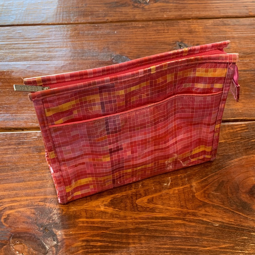 Vintage Clinique Pink & Orange Plaid Cosmetic Makeup Bag Pouch